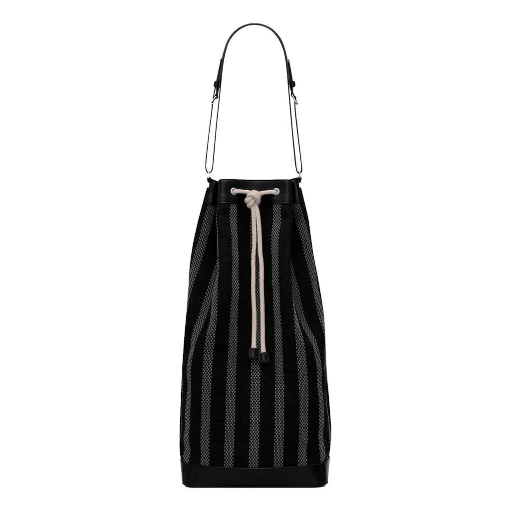 Saint Laurent Saint Laurent Canvas Leather Trim Oversized Drawstring Bucket Bag Black Black Leather Never worn - Front View