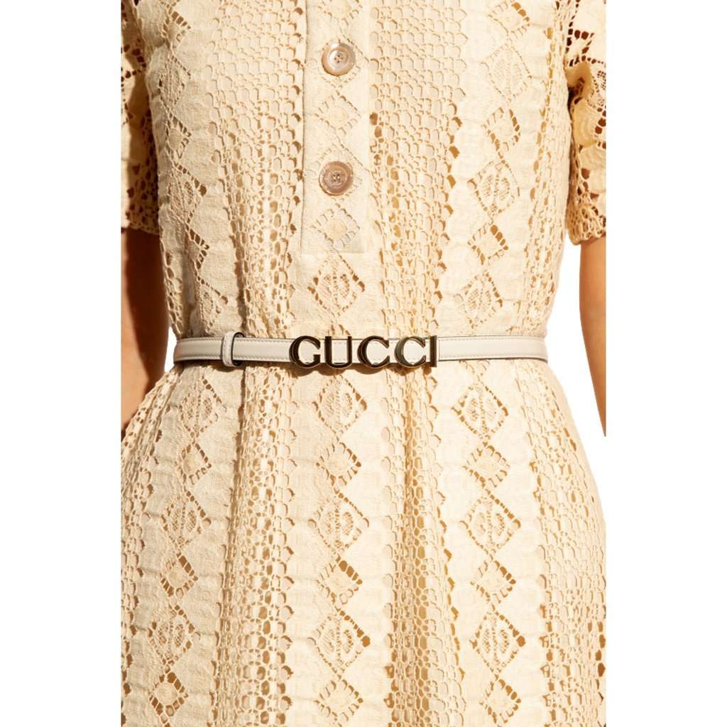 Gucci Gucci Cream Thin Leather Belt with Metal Gold Logo Lettering Size 85 White Leather Never worn - Box View