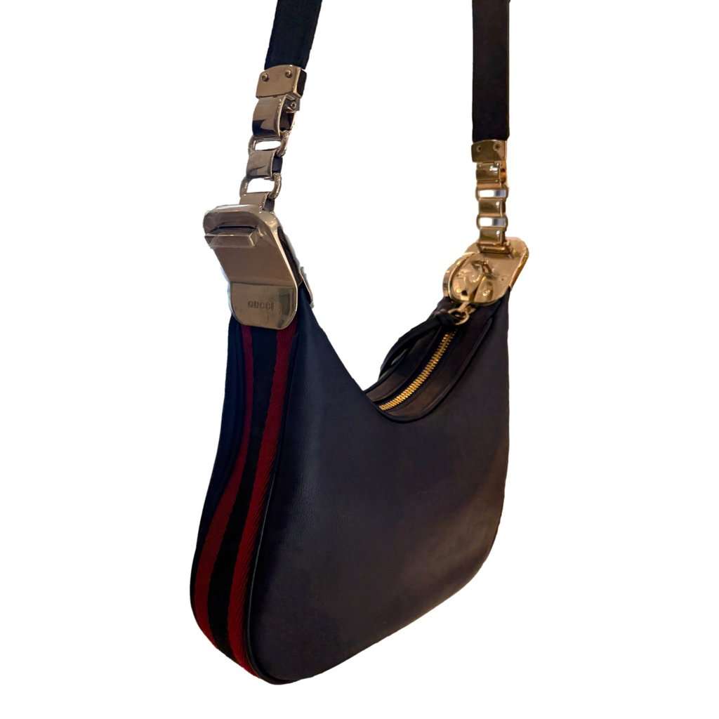Gucci Gucci Attaché Small Navy Leather Shoulder Crossbody Bag G Clasp Web Stripe Navy Leather Never worn - Model View