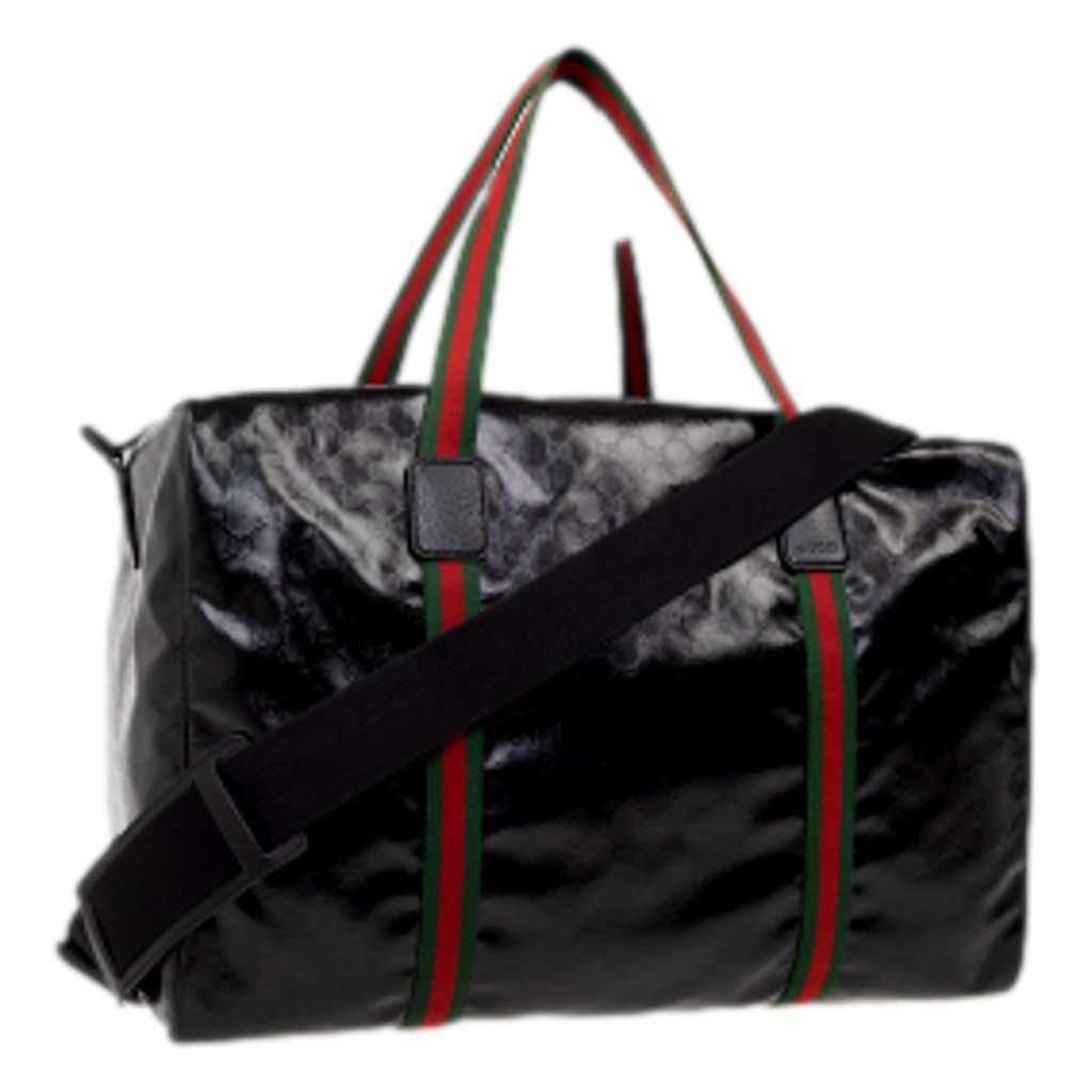 Gucci Gucci Duffle Maxi GG Black Glossy Fabric Duffel Bag Leather Trim Black Leather Never worn - Back View