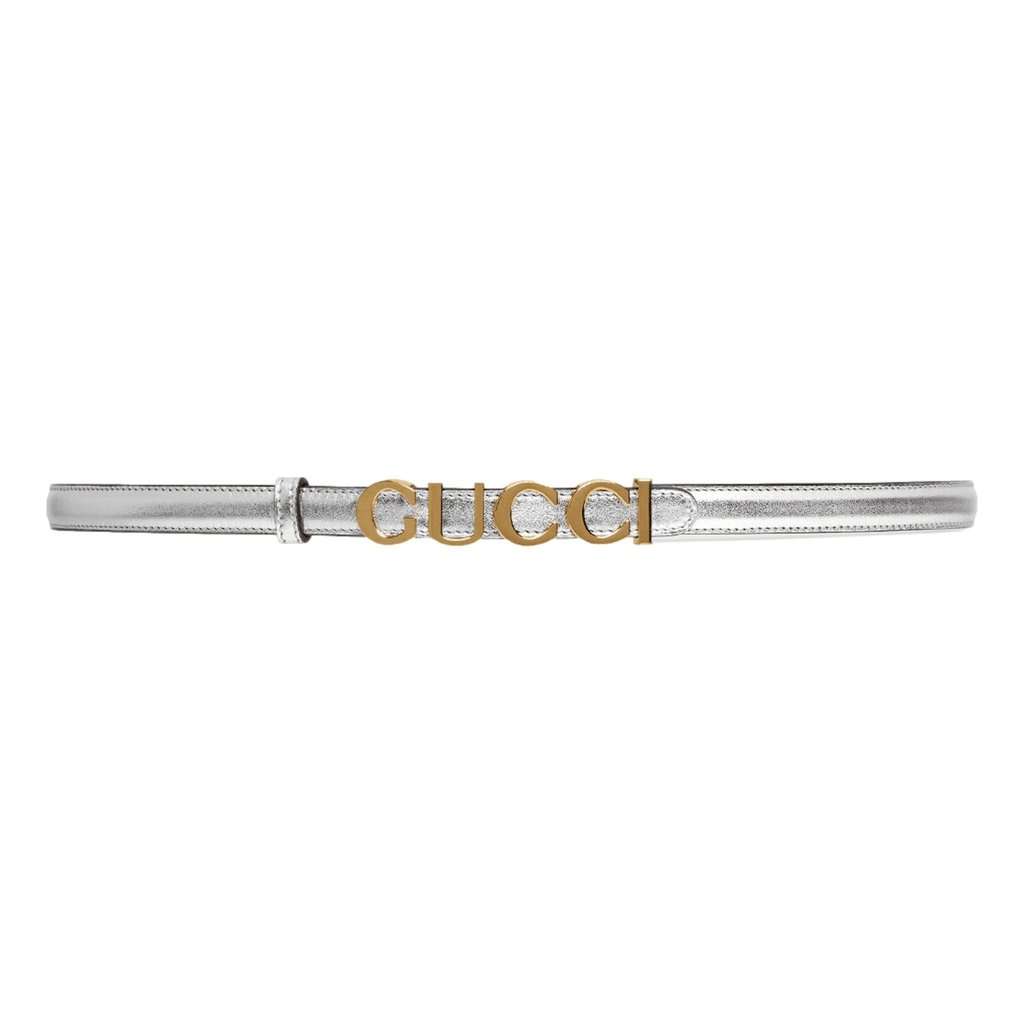 Gucci Gucci Silver Leather Belt with Metal Gold Logo Lettering Size 75 Silver Leather Never worn - Front View