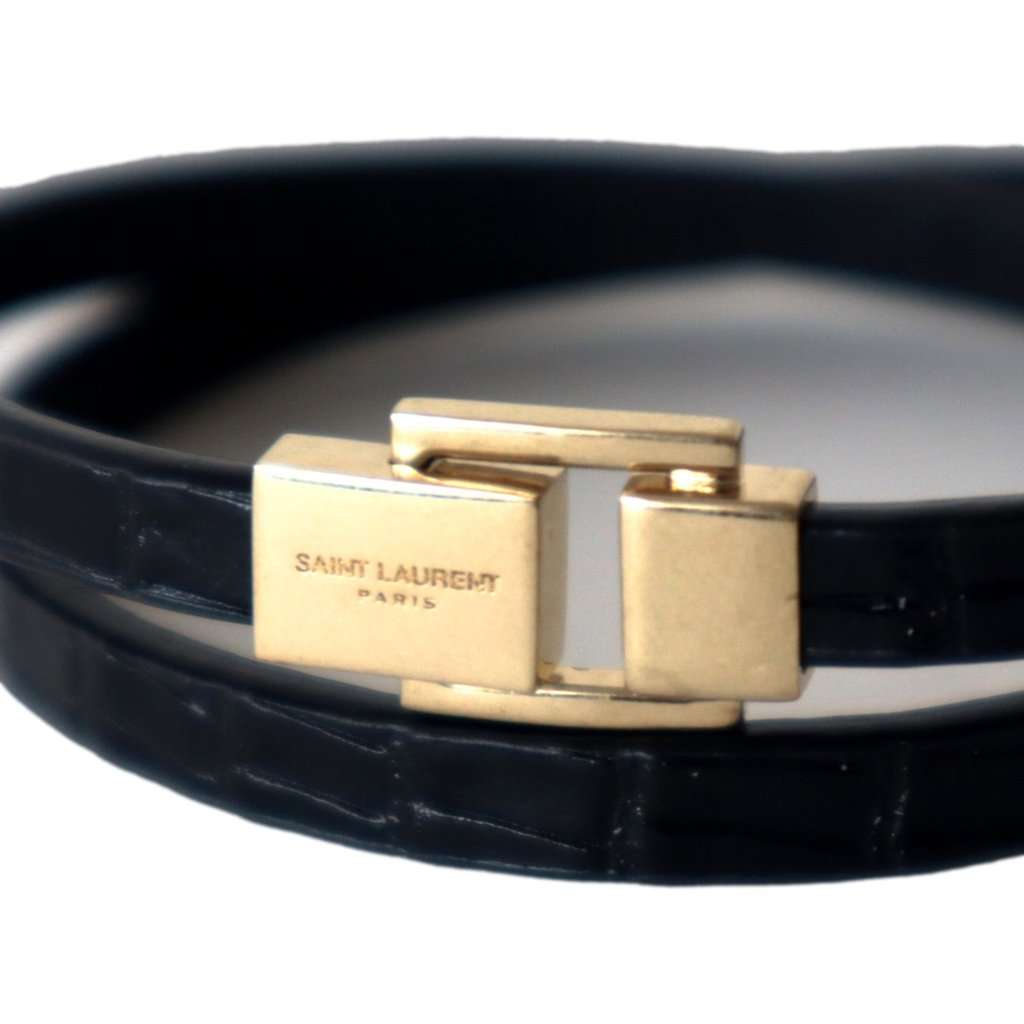 Saint Laurent Saint Laurent Black Leather Thin Wrap Bracelet with Gold-Tone Engraved Clasp Black Leather Never worn - Back View