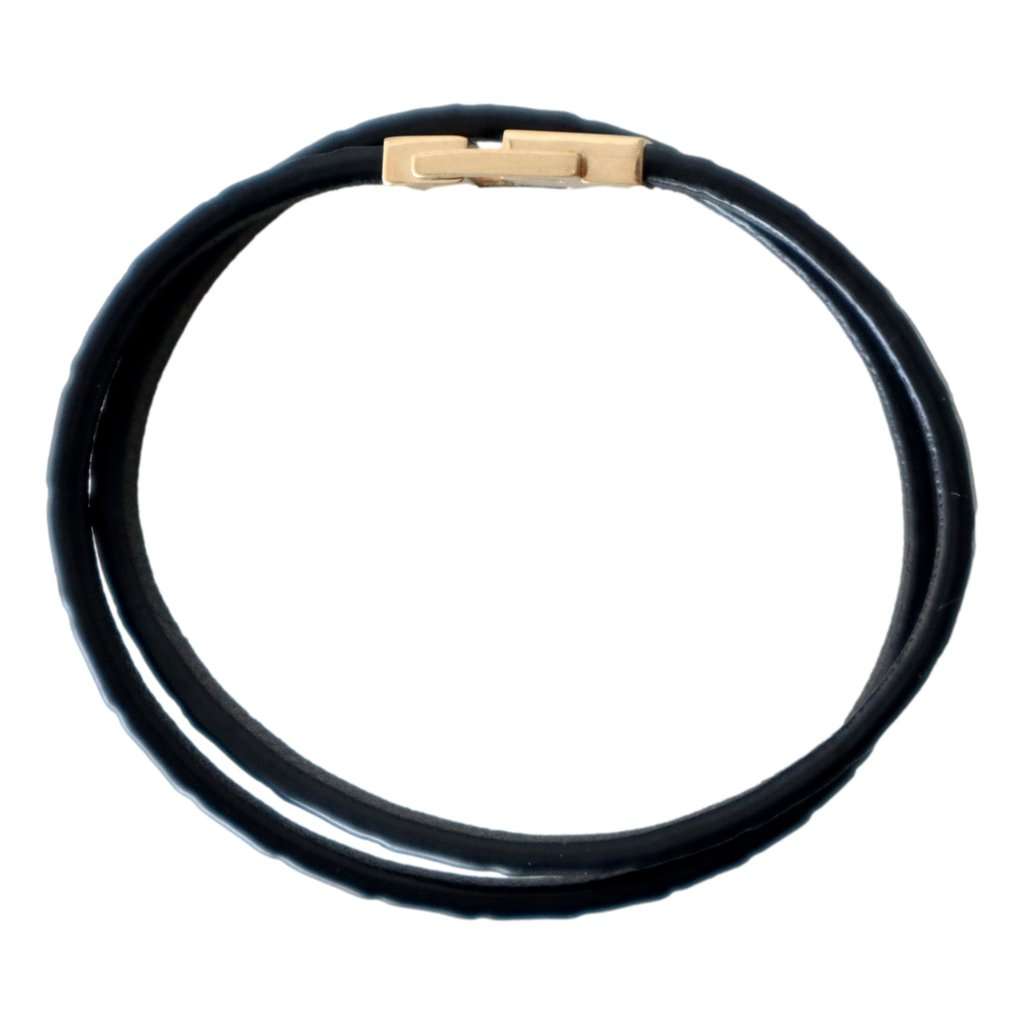 Saint Laurent Saint Laurent Black Smooth Leather Double Wrap Bracelet with Gold-Tone Engraved Clasp Black Leather Never worn - Model View