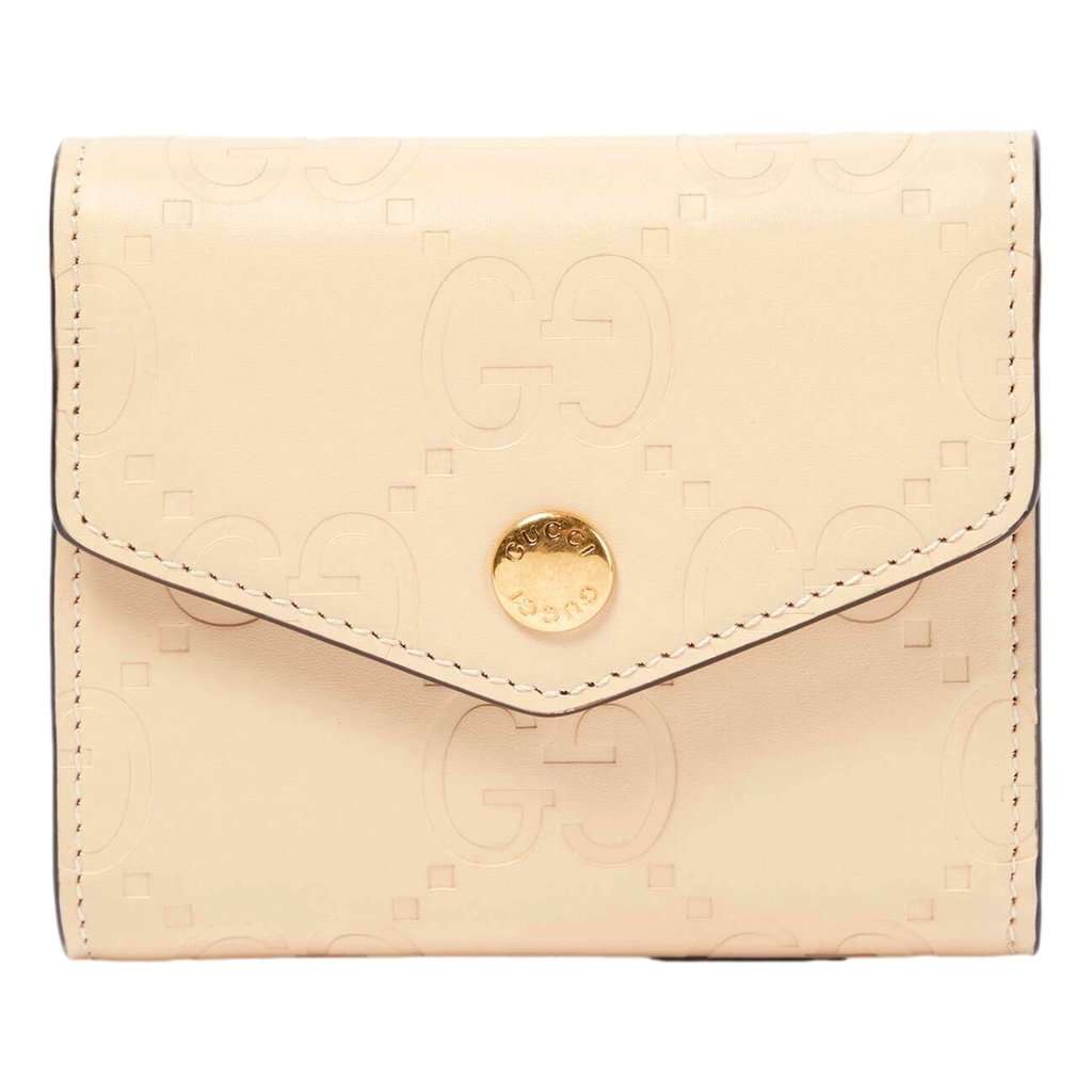 Gucci Gucci Gilbert GG Embossed Calf Leather Beige Trifold Wallet Gold Logo White Leather Never worn - Front View