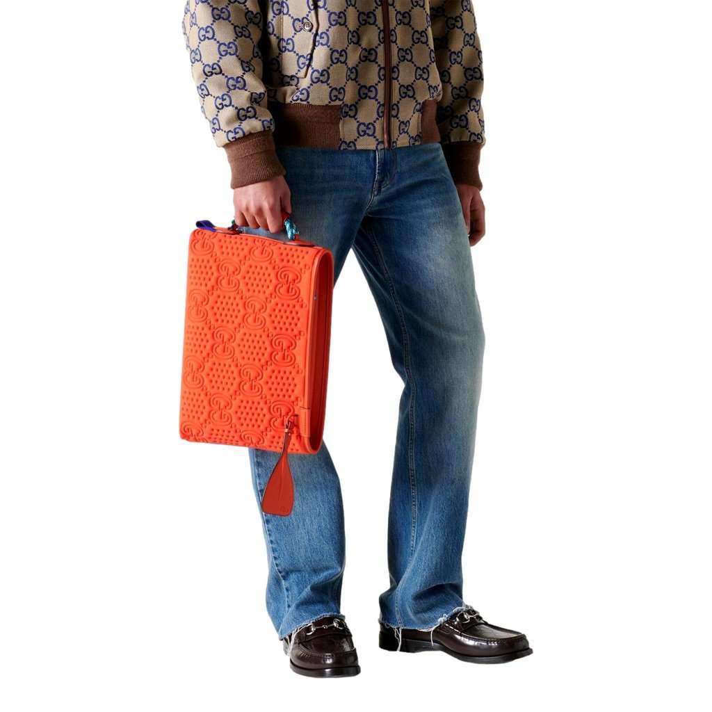 Gucci Gucci Off The Grid GG Embossed Orange Rubber Pouch Clutch Bag Orange Leather Never worn - Box View