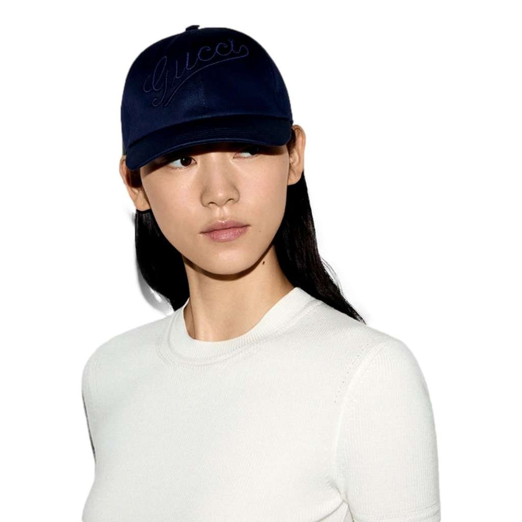 Gucci Gucci Baseball Hat with Embroidery in Navy Blue M Blue Cotton Never worn - Model View