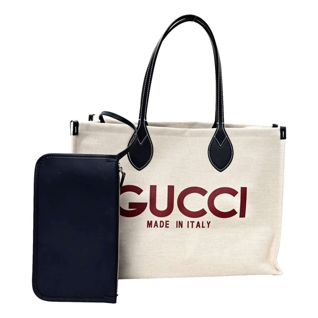 Gucci Gucci Logo Print Large Tote Bag Beige GG Supreme Canvas Brown Leather Never worn - Back View