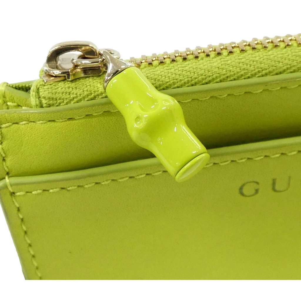Gucci Gucci Bamboo Series Lime Green Leather Zipper Card Holder Wallet Green Leather Never worn - Box View