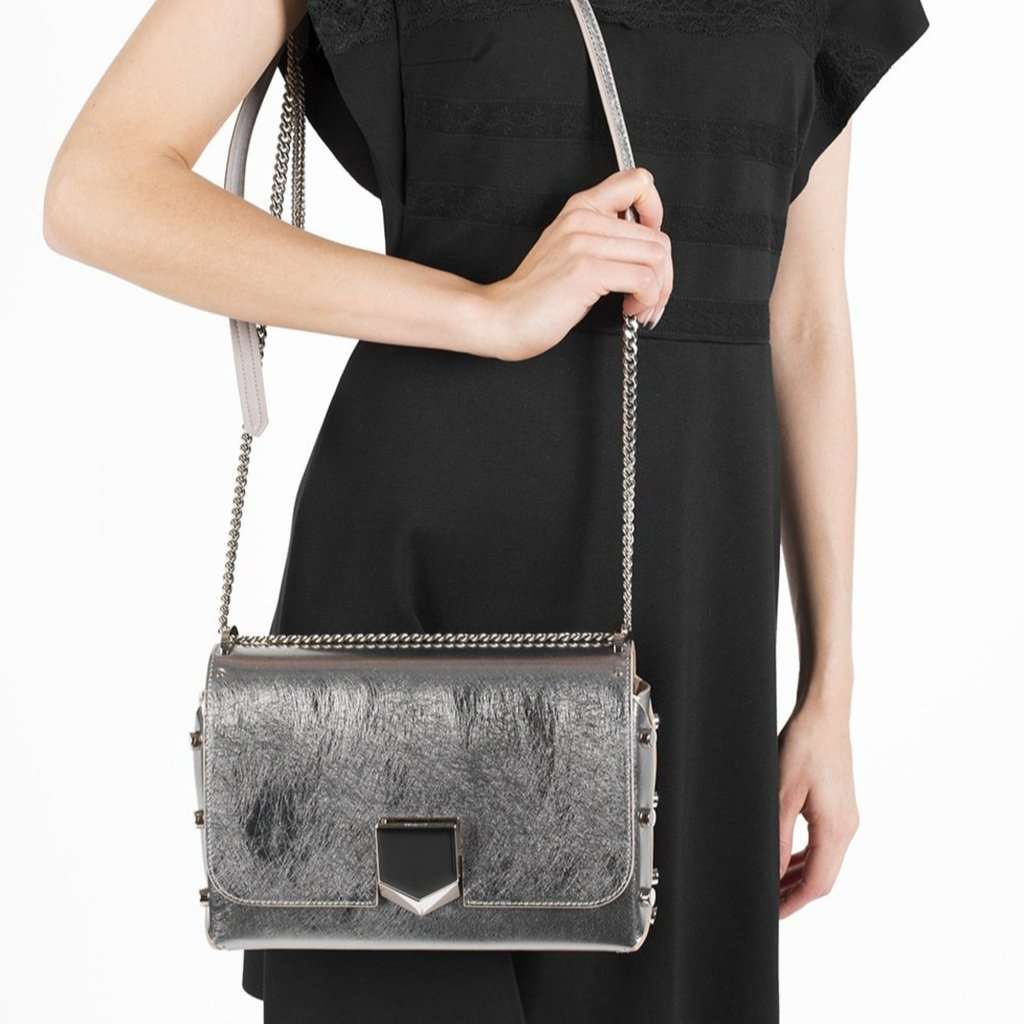 Jimmy Choo Jimmy Choo Metallic Silver Lockett Crossbody Shoulder Bag Black Leather Never worn - Model View