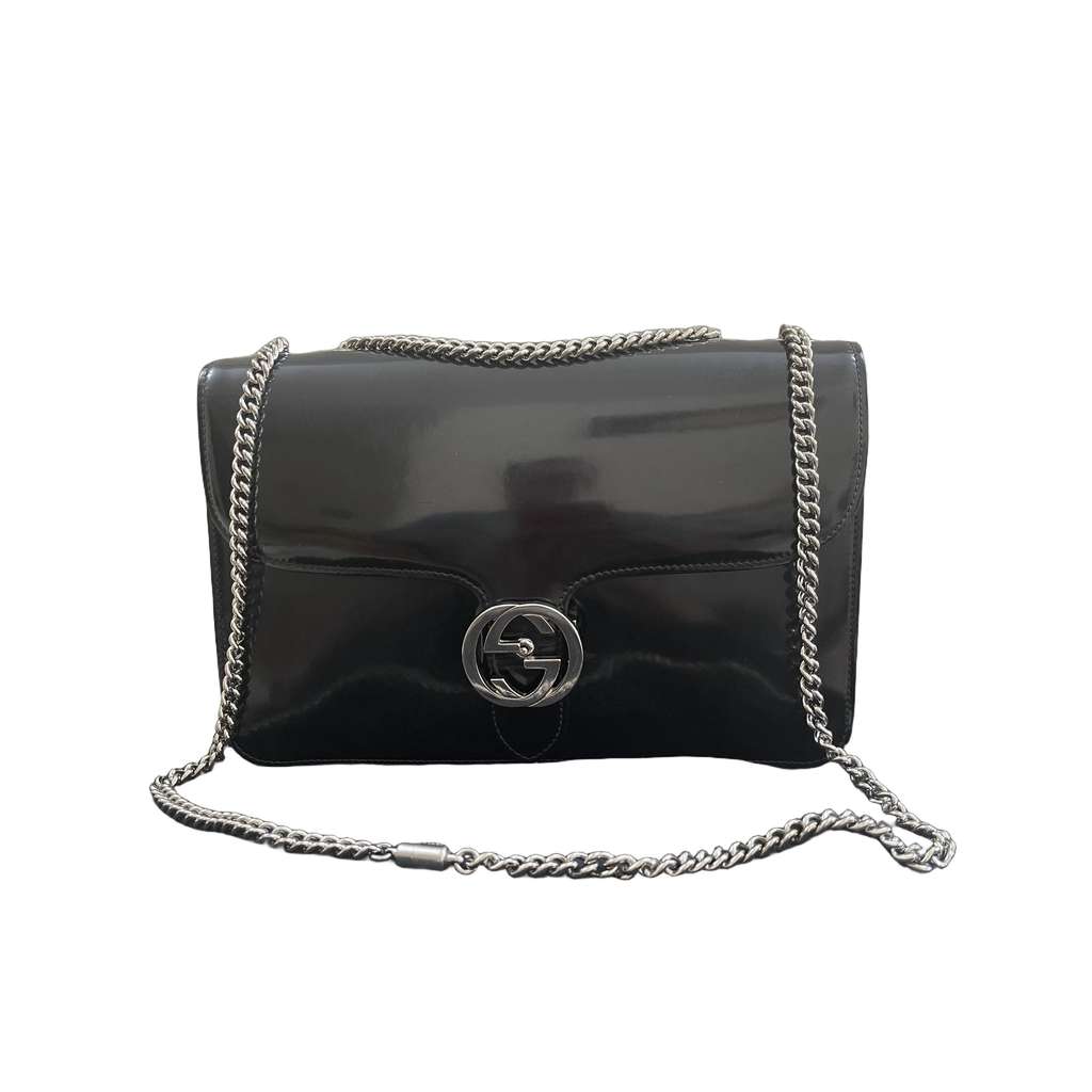 Gucci Patent Leather Interlocking Bag Black Leather Good condition - Front View