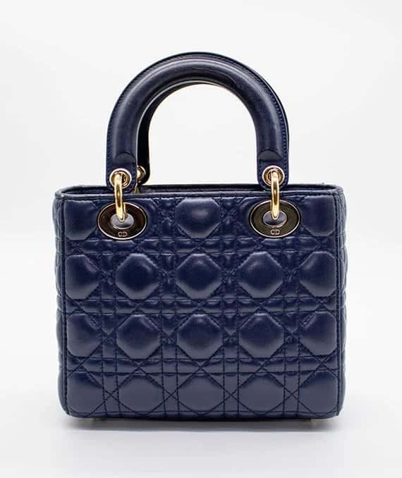 Dior Navy Blue Color Small Lady Dior Lambskin Leather Satchel Bag Blue Leather Very good - Back View
