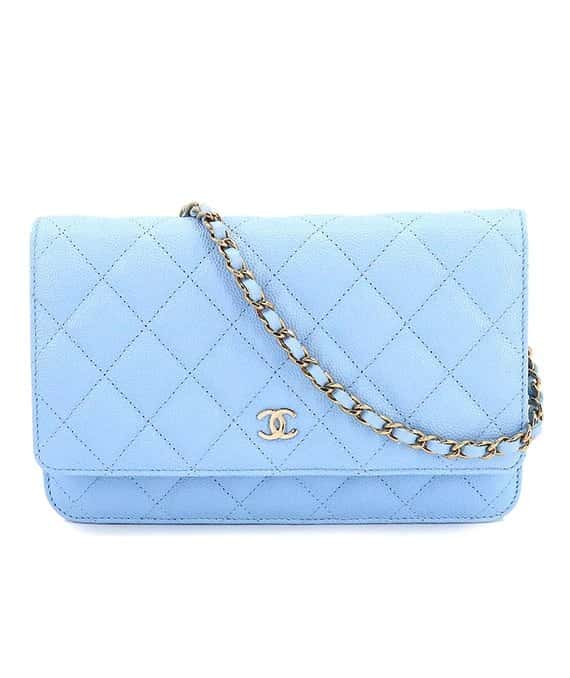 Chanel Matelasse Classic Chain Light Blue Wallet with Caviar Leather and Gold Hardware Blue Leather Very good - Front View