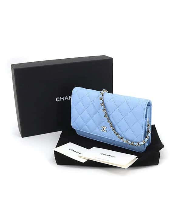 Chanel Matelasse Classic Chain Light Blue Wallet with Caviar Leather and Gold Hardware Blue Leather Very good - Model View