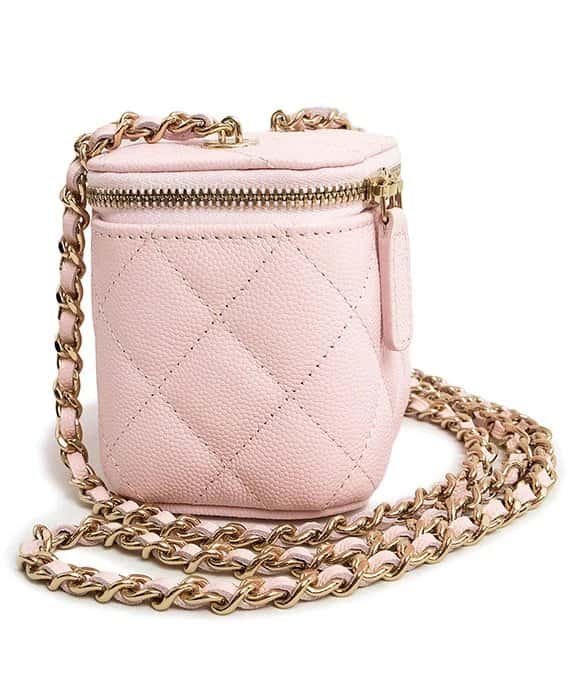 Chanel Matelasse Light Pink Classic Small Vanity Case with Chain in Caviar Leather with Champagne Gold Hardware Beige Leather Never worn - Back View