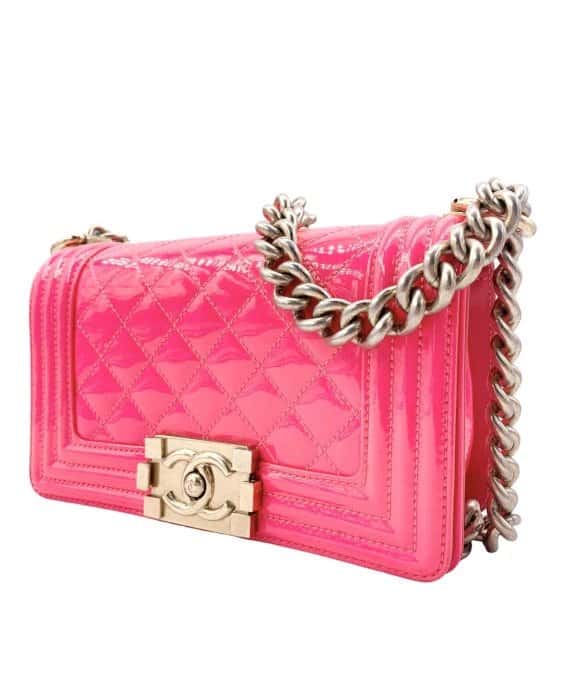 Chanel Neon Pink Small Boy Bag in Patent Leather with Gold Hardware Pink Leather Good - Inside View