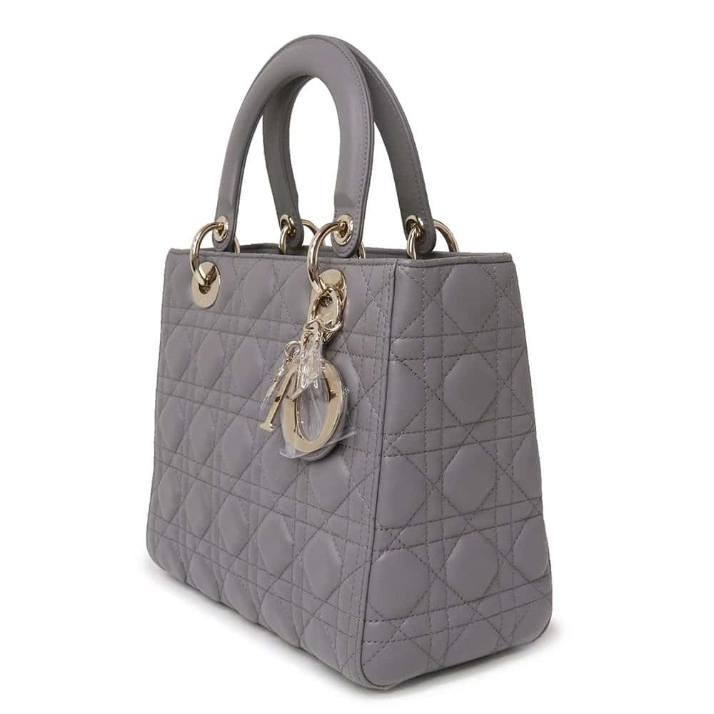 Dior Grey Color Cannage Lambskin Leather Medium Lady Dior Satchel Bag Grey Leather Never worn - Inside View