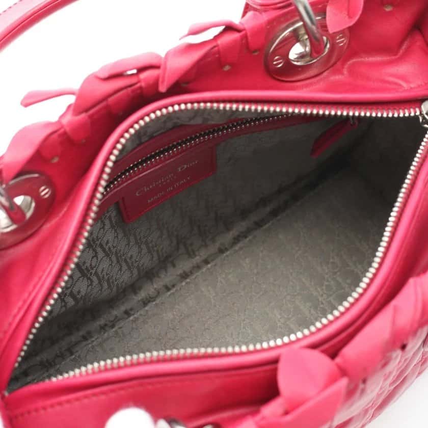 Dior Lambskin Cannage Pink Bow Lady Dior Fuchsia Pink Leather Good - Inside View