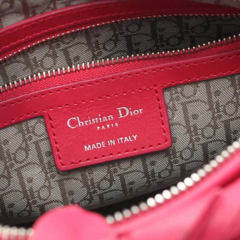 Dior Lambskin Cannage Pink Bow Lady Dior Fuchsia Pink Leather Good - Model View