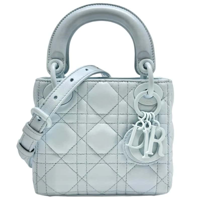 Dior Light Blue Cannage Leather Micro Lady Dior Bag with Light Blue Metal Fittings Blue Leather Very good - Front View