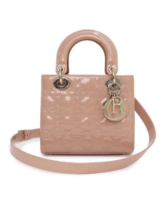 Dior Rose Des Vents Patent Cannage Calfskin Leather Medium Lady Dior Satchel Bag Pink Leather Very good - Front View