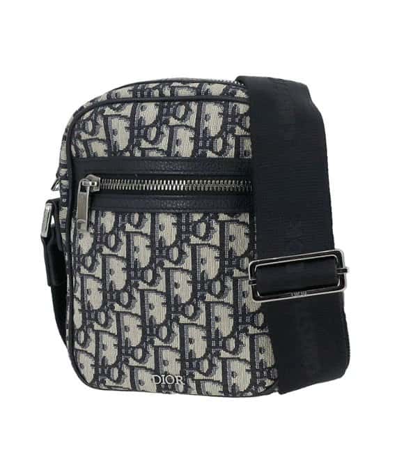 Dior Beige Navy Oblique Jacquard Canvas Leather Mini Crossbody Men's Bag Beige Leather Very good - Front View