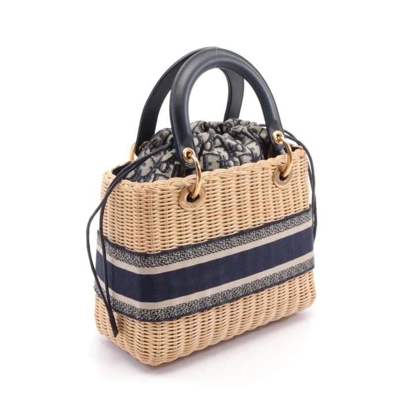 Dior Navy Blue Wicker Oblique Medium Lady Dior Handbag Blue Good - Back View