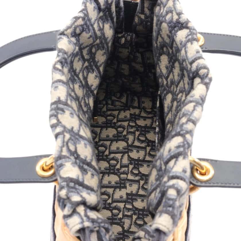 Dior Navy Blue Wicker Oblique Medium Lady Dior Handbag Blue Good - Inside View