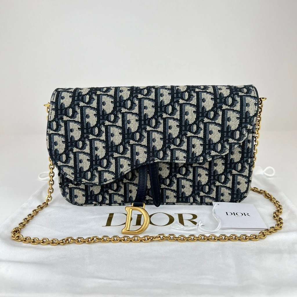 Dior Saddle Wallet on Chain in Blue Dior Oblique Jacquard Blue Never worn - Back View