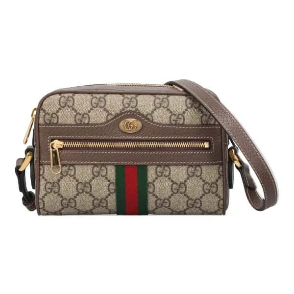 Gucci Beige/Brown GG Supreme Canvas and Leather Mini Ophidia Shoulder Bag Beige Canvas Never worn - Front View