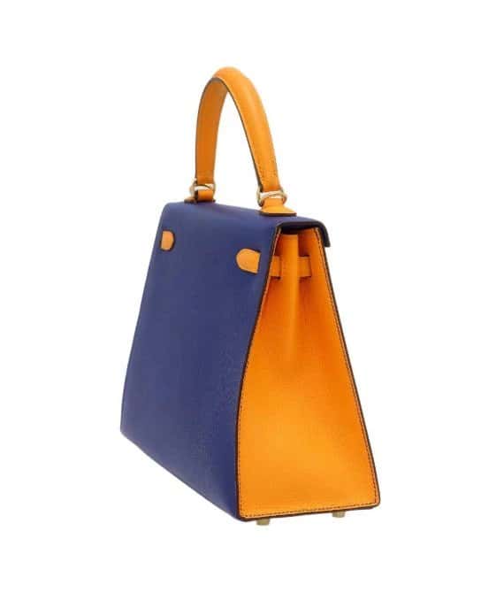 Hermès 2017 (Stamp A) Size 25 Epsom Leather Kelly in Blue Electric and Jaune Ambre Color with Gold Hardware Blue Leather Very good - Back View
