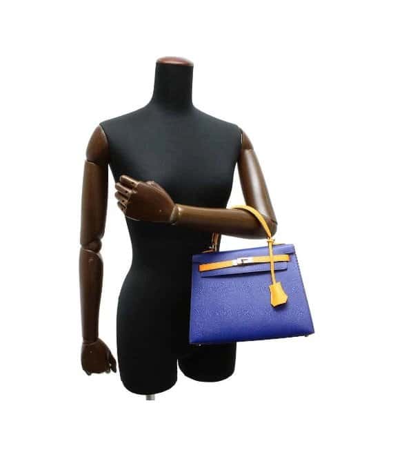 Hermès 2017 (Stamp A) Size 25 Epsom Leather Kelly in Blue Electric and Jaune Ambre Color with Gold Hardware Blue Leather Very good - Box View