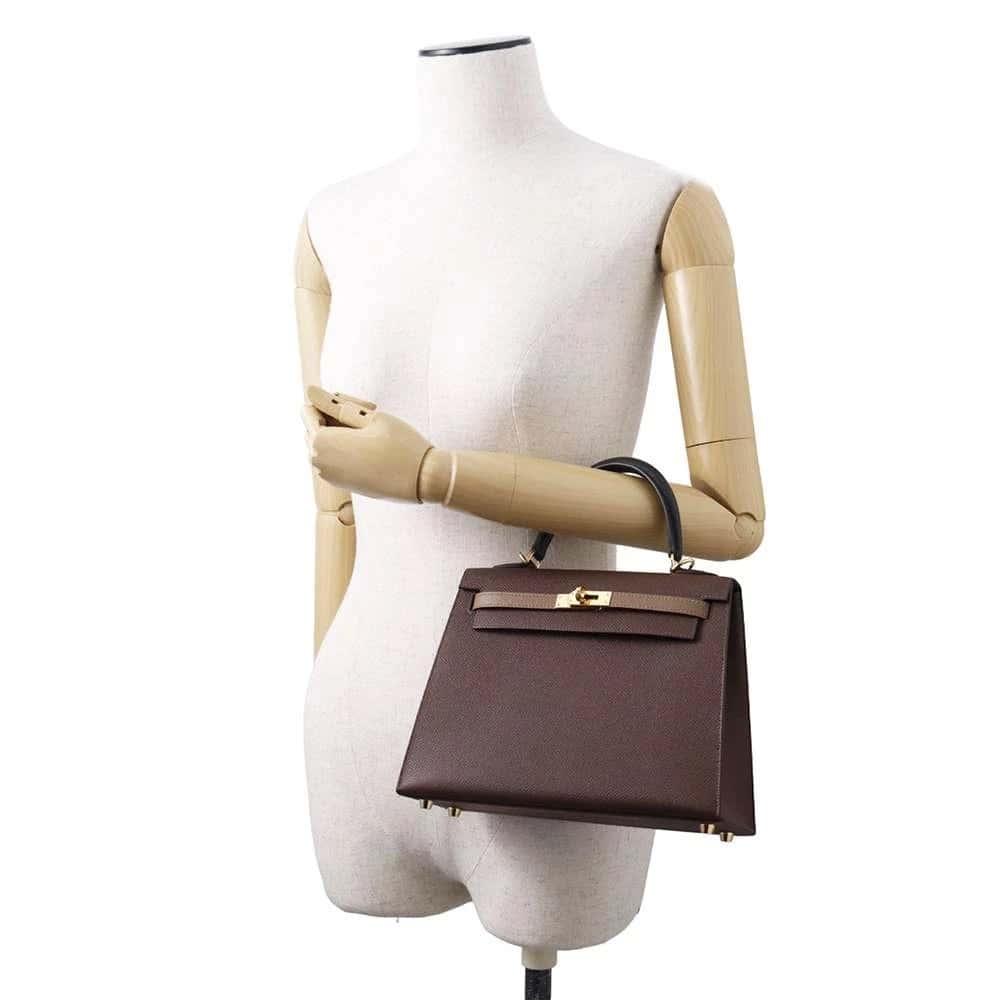 Hermès 2023 (Stamp B) Tricolor Ebene/Etoupe/ Black Kelly in Epsom Leather with Gold Hardware Beige Leather Very good - Model View