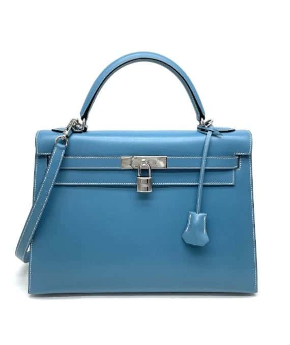 Hermès (Stamp F) Size 32 Calf leather Kelly in Blue Jean Color with Palladium Hardware Blue Leather Very good - Front View