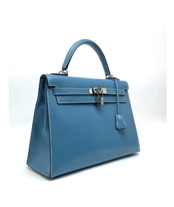 Hermès (Stamp F) Size 32 Calf leather Kelly in Blue Jean Color with Palladium Hardware Blue Leather Very good - Back View