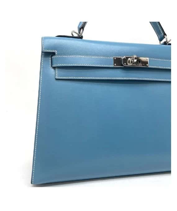 Hermès (Stamp F) Size 32 Calf leather Kelly in Blue Jean Color with Palladium Hardware Blue Leather Very good - Inside View