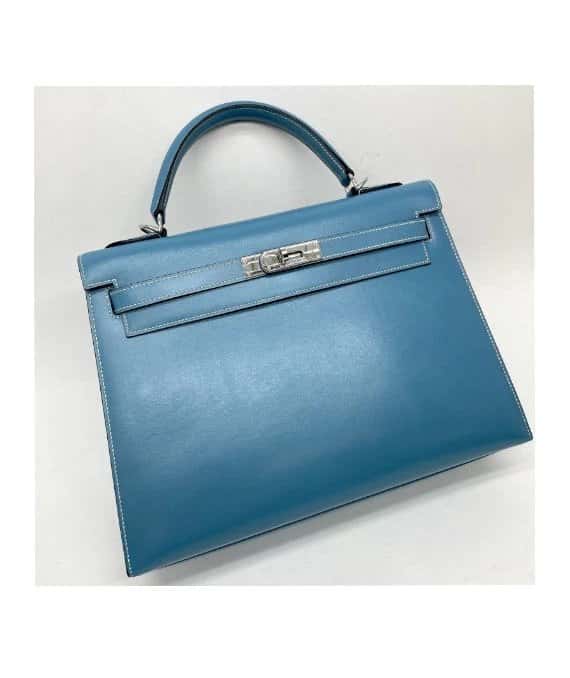 Hermès (Stamp F) Size 32 Calf leather Kelly in Blue Jean Color with Palladium Hardware Blue Leather Very good - Model View