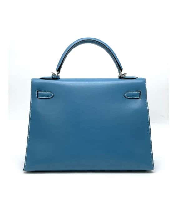 Hermès (Stamp F) Size 32 Calf leather Kelly in Blue Jean Color with Palladium Hardware Blue Leather Very good - Box View
