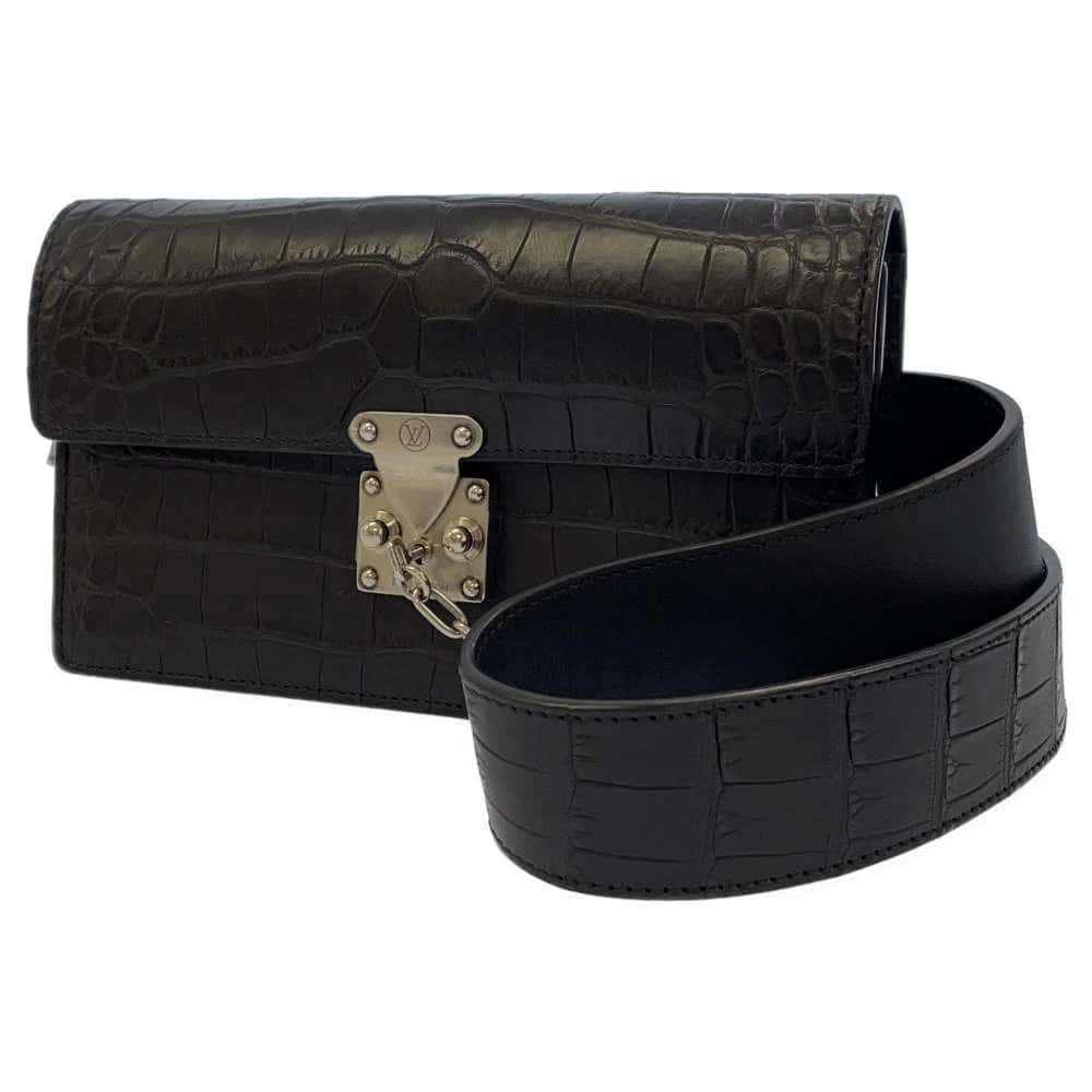 Louis Vuitton Black Crocodile Alligator Leather Waist Belt Bag Black Leather Very good - Front View