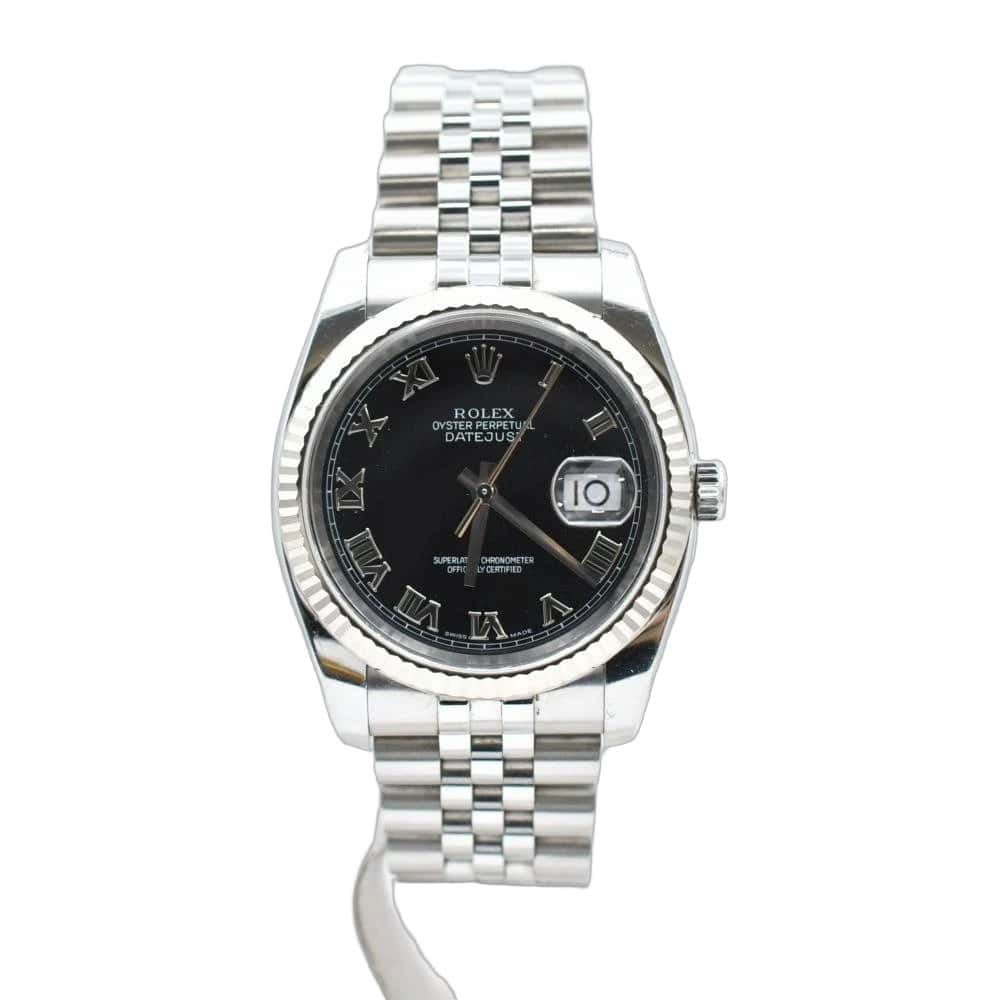 Rolex Datejust 116234 Black Dial Roman 18k White Gold & Stainless Steel Jubilee Bracelet Automatic Men's Watch Black Stainless steel Good - Front View