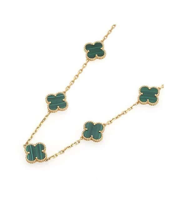 Van Cleef & Arpels Vintage Alhambra Malachite 20 Motif Long Necklace In 18k Yellow Gold Yellow Gold Very good - Front View