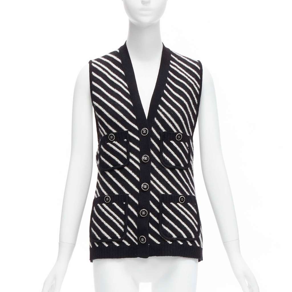 Chanel Striped Pocket Vest Black Cashmere Never worn - Front View