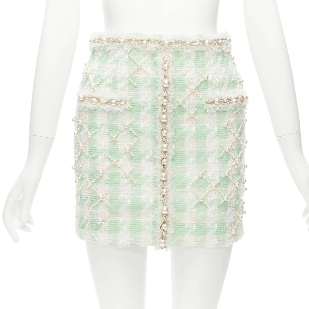 Balmain Tweed Pearl Skirt Green Polyamide Never worn - Front View