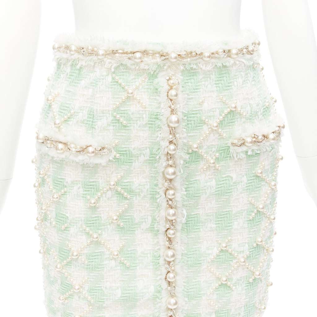 Balmain Tweed Pearl Skirt Green Polyamide Never worn - Back View