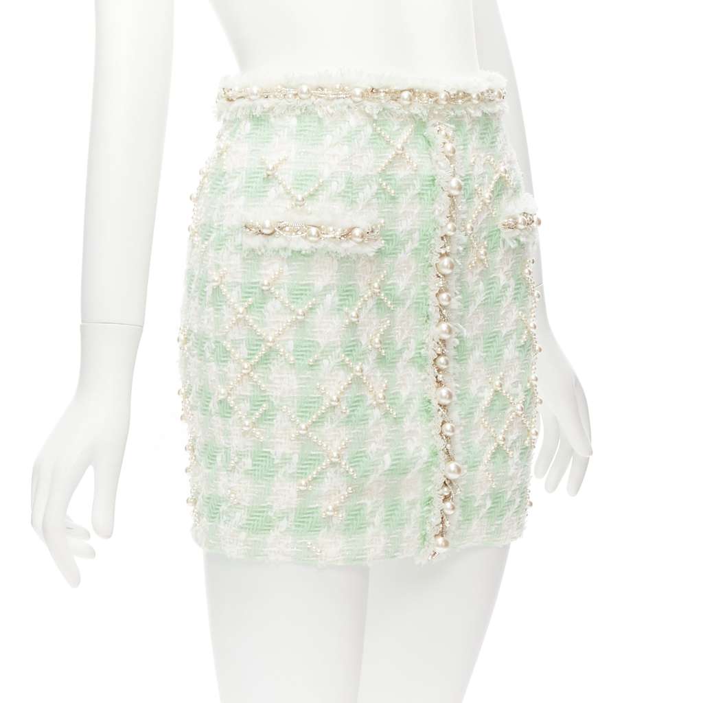 Balmain Tweed Pearl Skirt Green Polyamide Never worn - Inside View