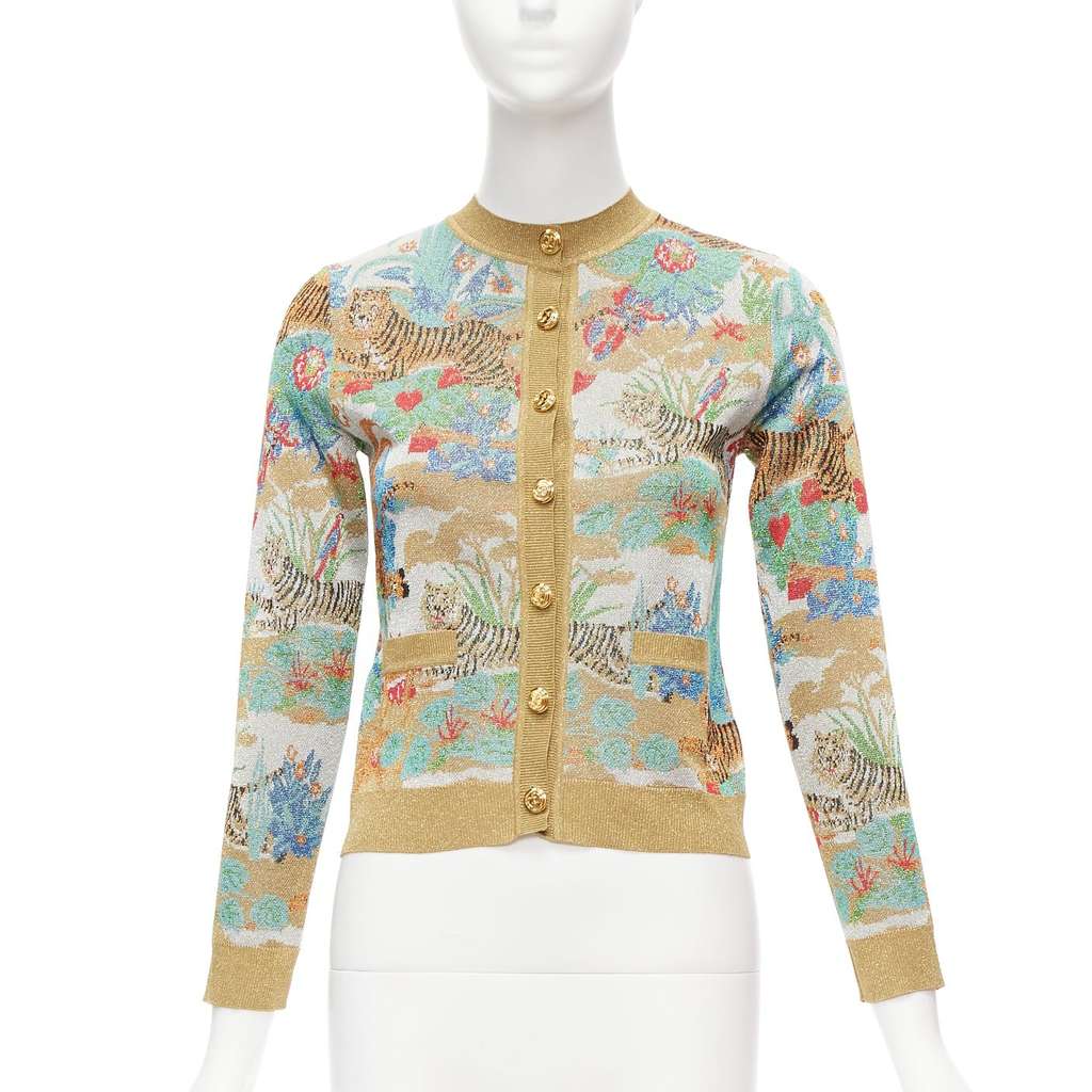 Gucci Oriental Tiger Cardigan Silver Viscose Never worn - Front View