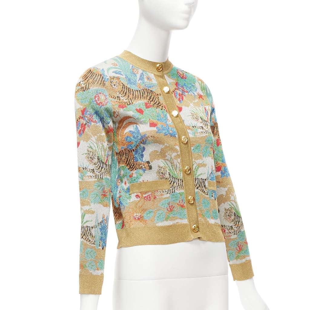 Gucci Oriental Tiger Cardigan Silver Viscose Never worn - Model View
