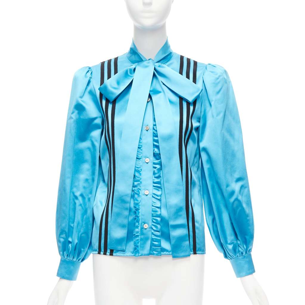 Gucci 3 Stripe Blouse Blue Silk Very good - Front View