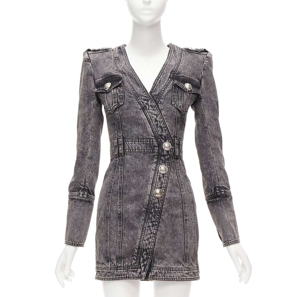 Balmain Acid Denim Dress Grey Cotton Never worn - Front View