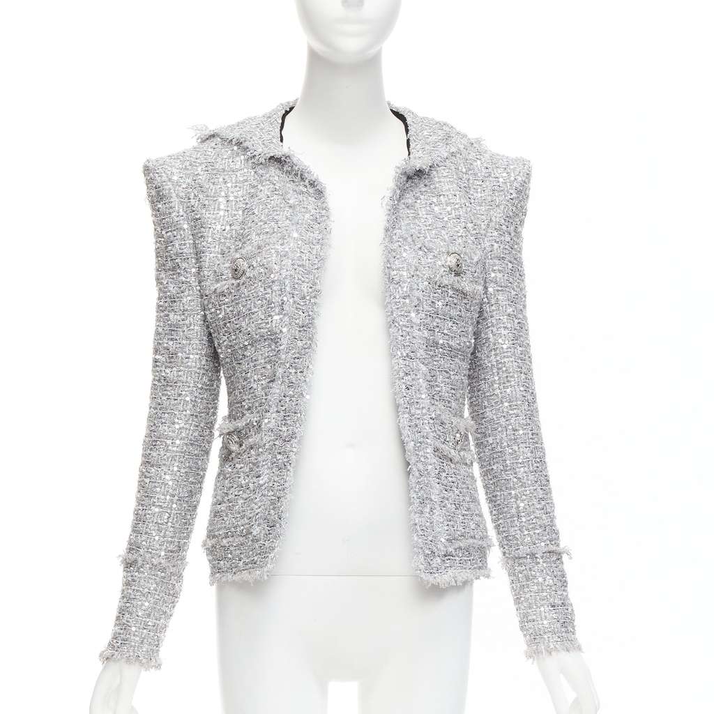 Balmain Silver Metallic Boucle Jacket Silver Polyester Never worn - Front View