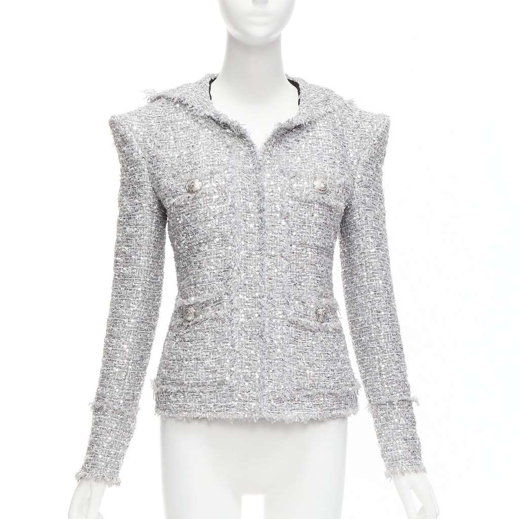 Balmain Silver Metallic Boucle Jacket Silver Polyester Never worn - Inside View
